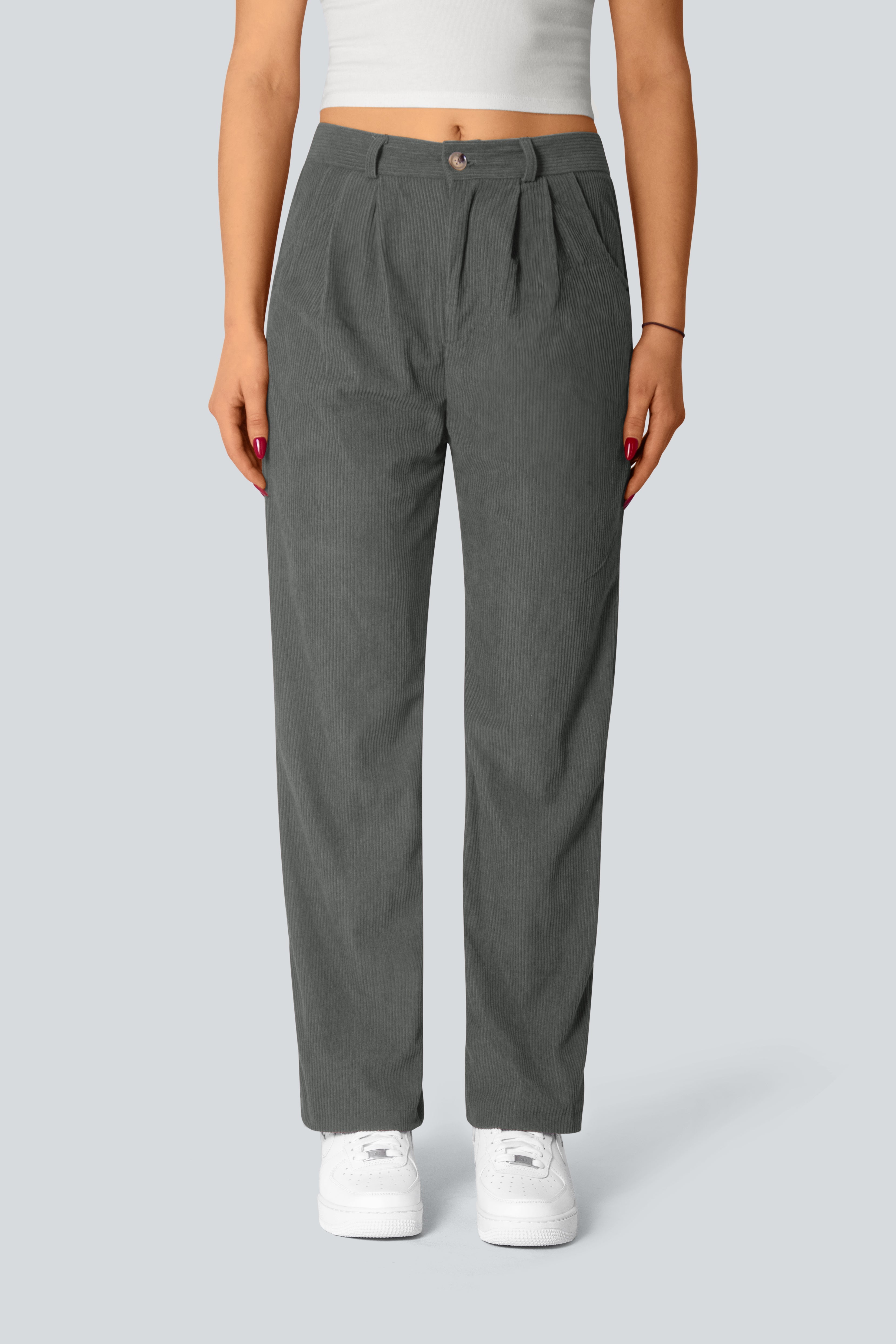 Casual Corduroy Middle Waist Trousers, zipper and side pockets